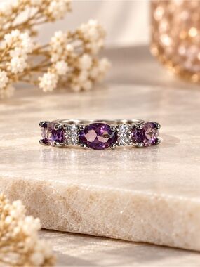 Purple Crystal Open Adjustable Ring Silver Tone Sparkly Statement Jewelry
